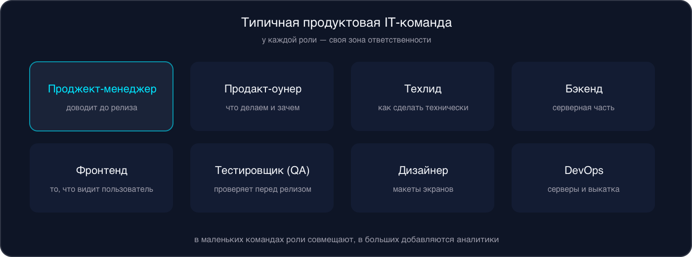 Инфографика: восемь ролей типичной продуктовой IT-команды — проджект-менеджер, продакт-оунер, техлид, бэкенд, фронтенд, тестировщик, дизайнер, DevOps